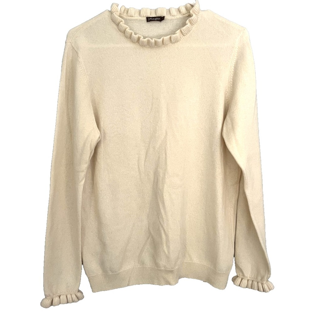 J.McLaughlin Sweater Womens Large Cream Cashmere Ruffle Trim Crewneck Pullover